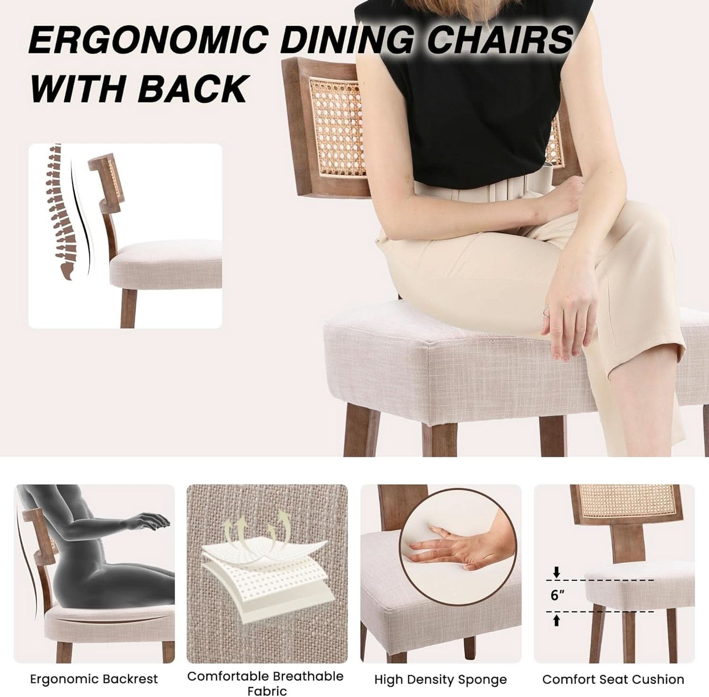 Beige Mid Century Rattan Dining Chairs Upholstered