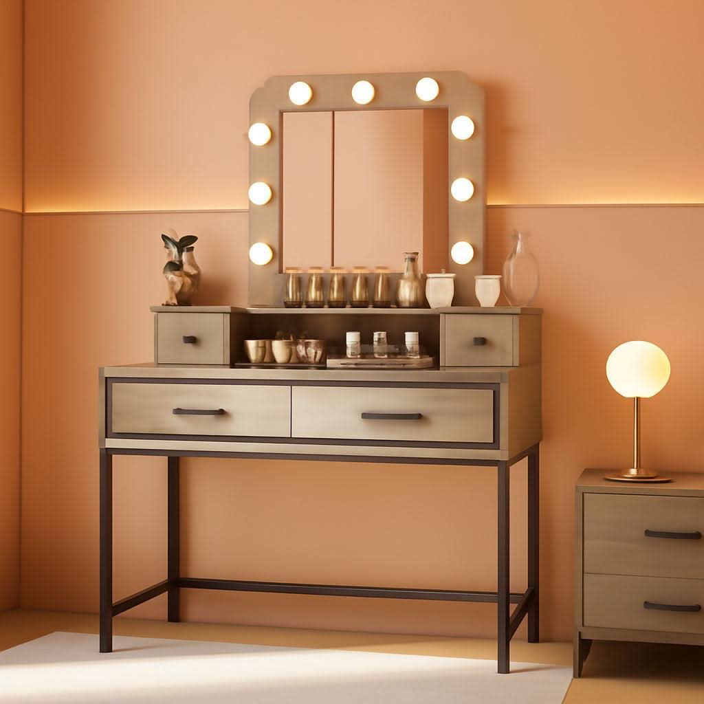 Brown Vanity Table With Illumination Mirror Lights