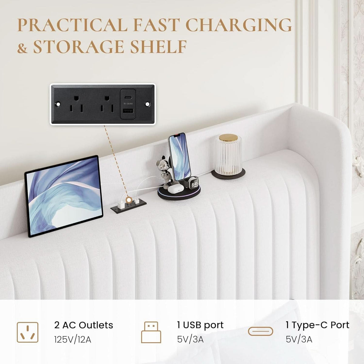 Queen Velvet Upholstered Bed Frame With USB Charging