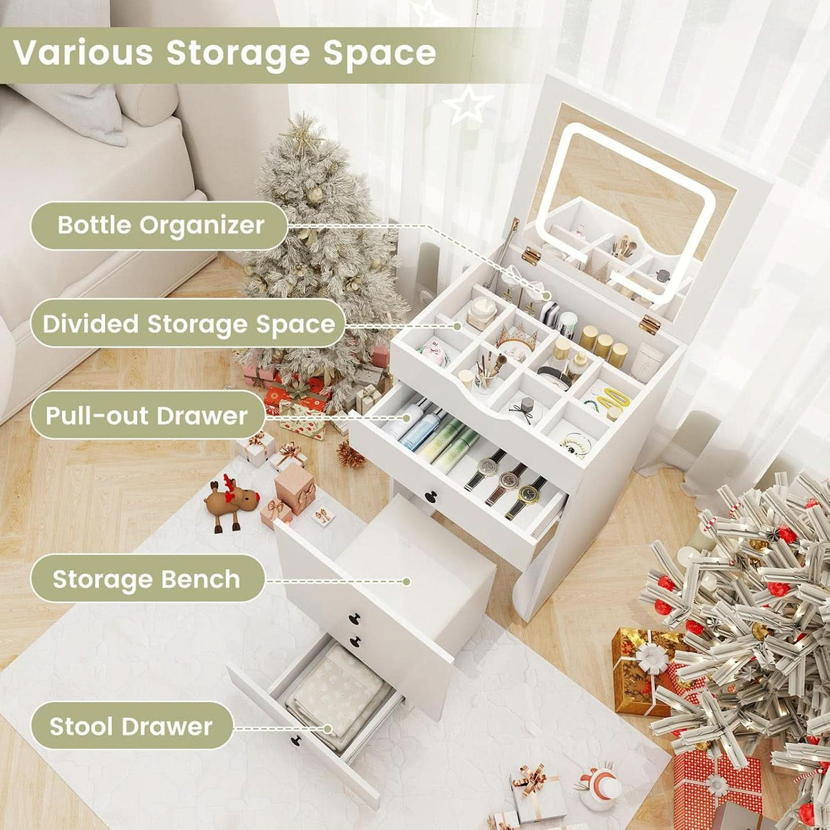 Small White Vanity Desk Illuminated Mirror Storage