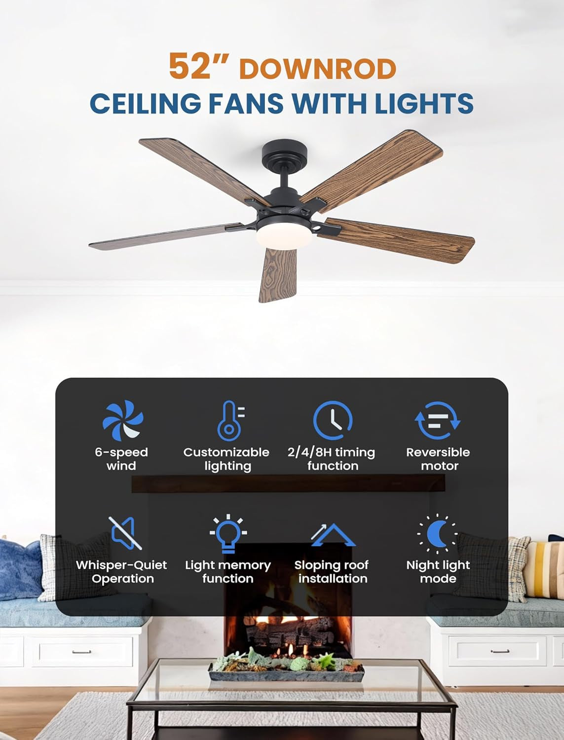 52Inch Matte Black Ceiling Fan Remote Dimmable LED Lights
