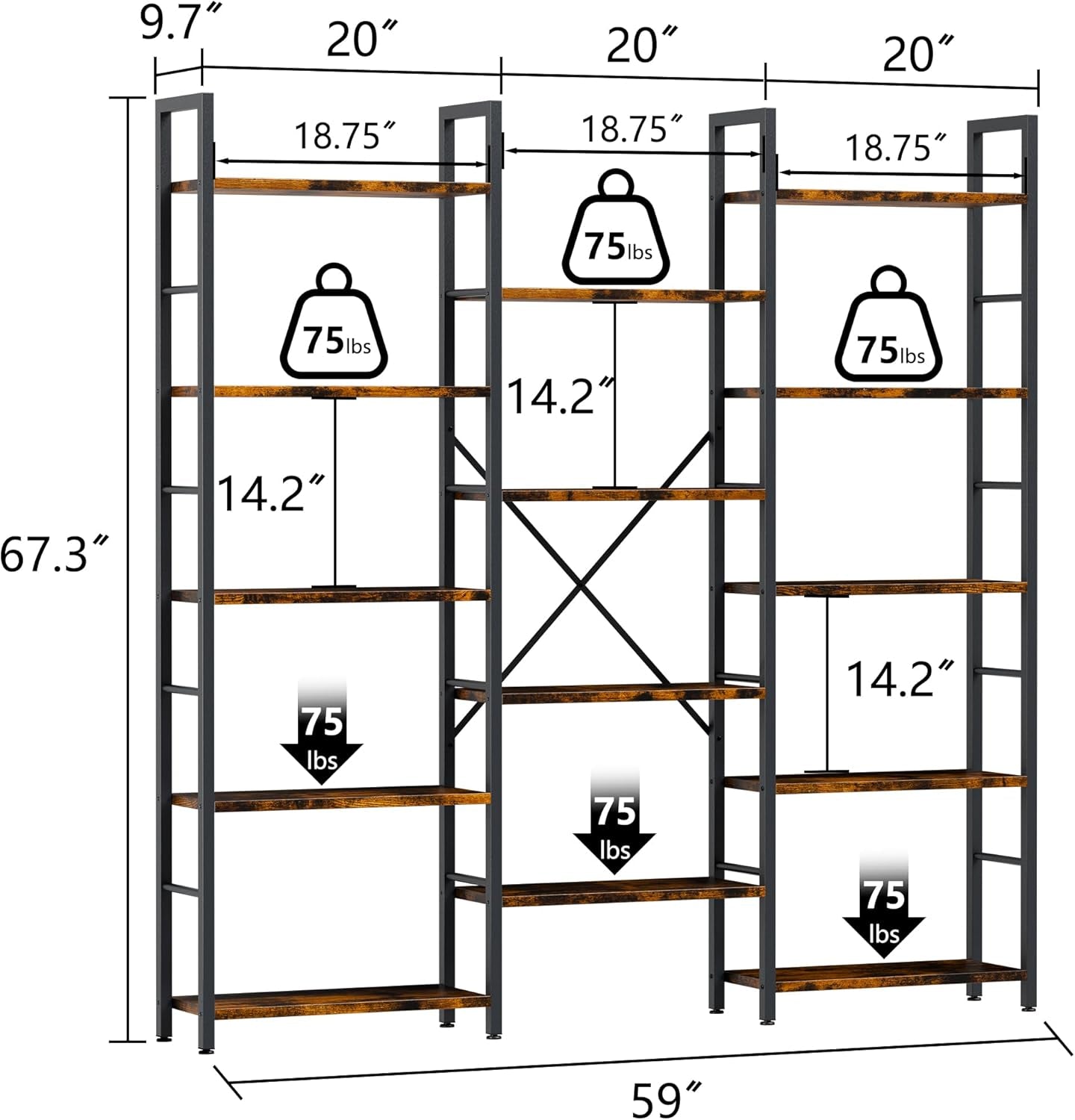 Industrial 14 Shelving Brown Bookcase Display Unit