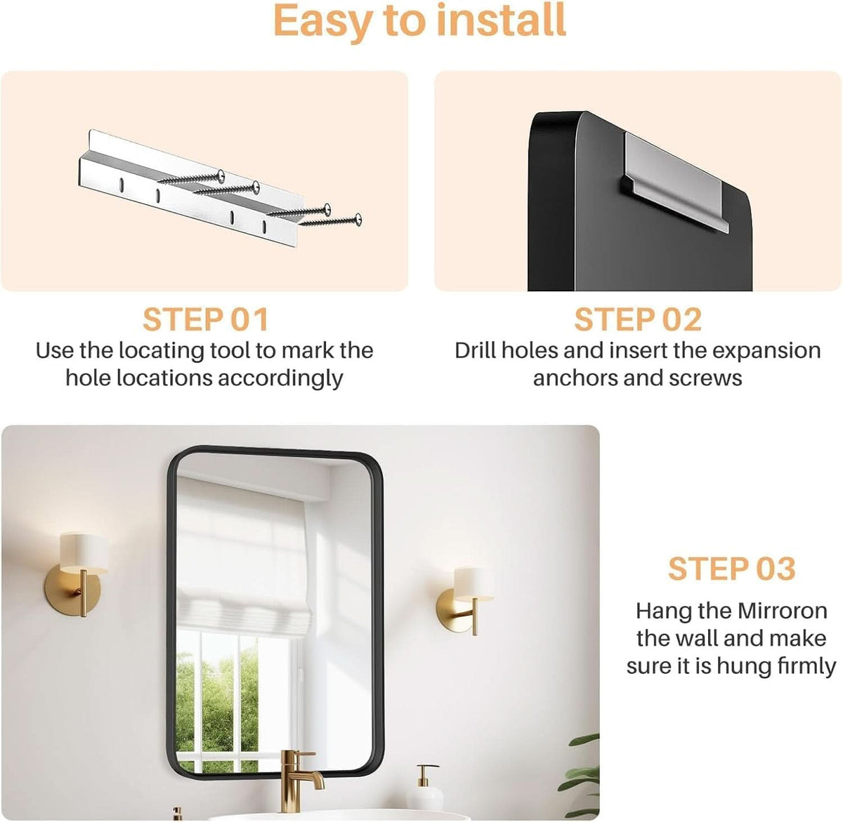 Matte Black Bathroom Mirror 30x22Inch Tempered Glass