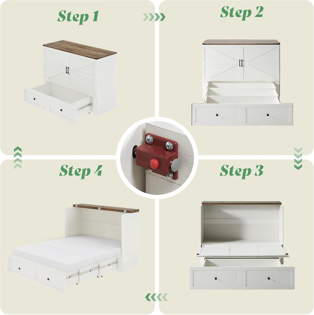 Full Murphy Bed Cabinet Distressed White Storage Solution-4