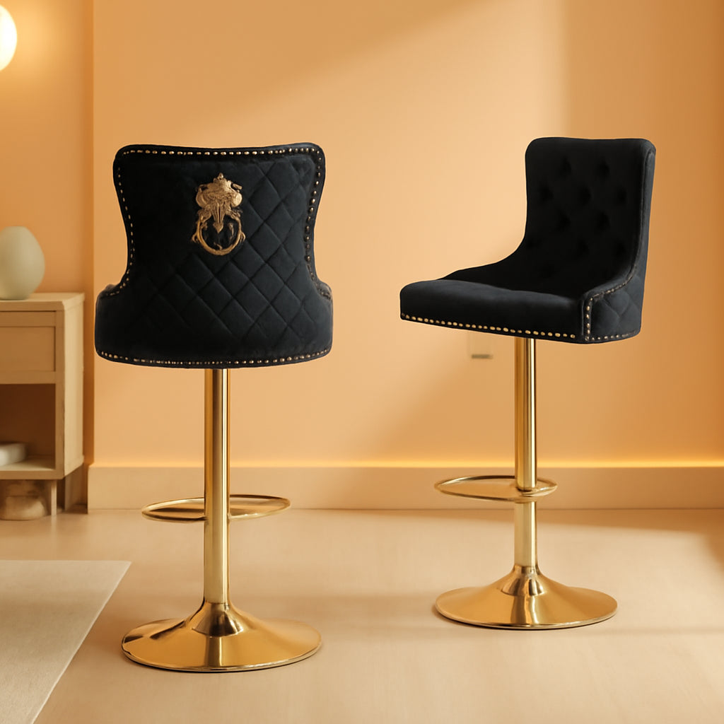 Black Velvet Swivel Bar Stools With Gold Lion Pull Ring
