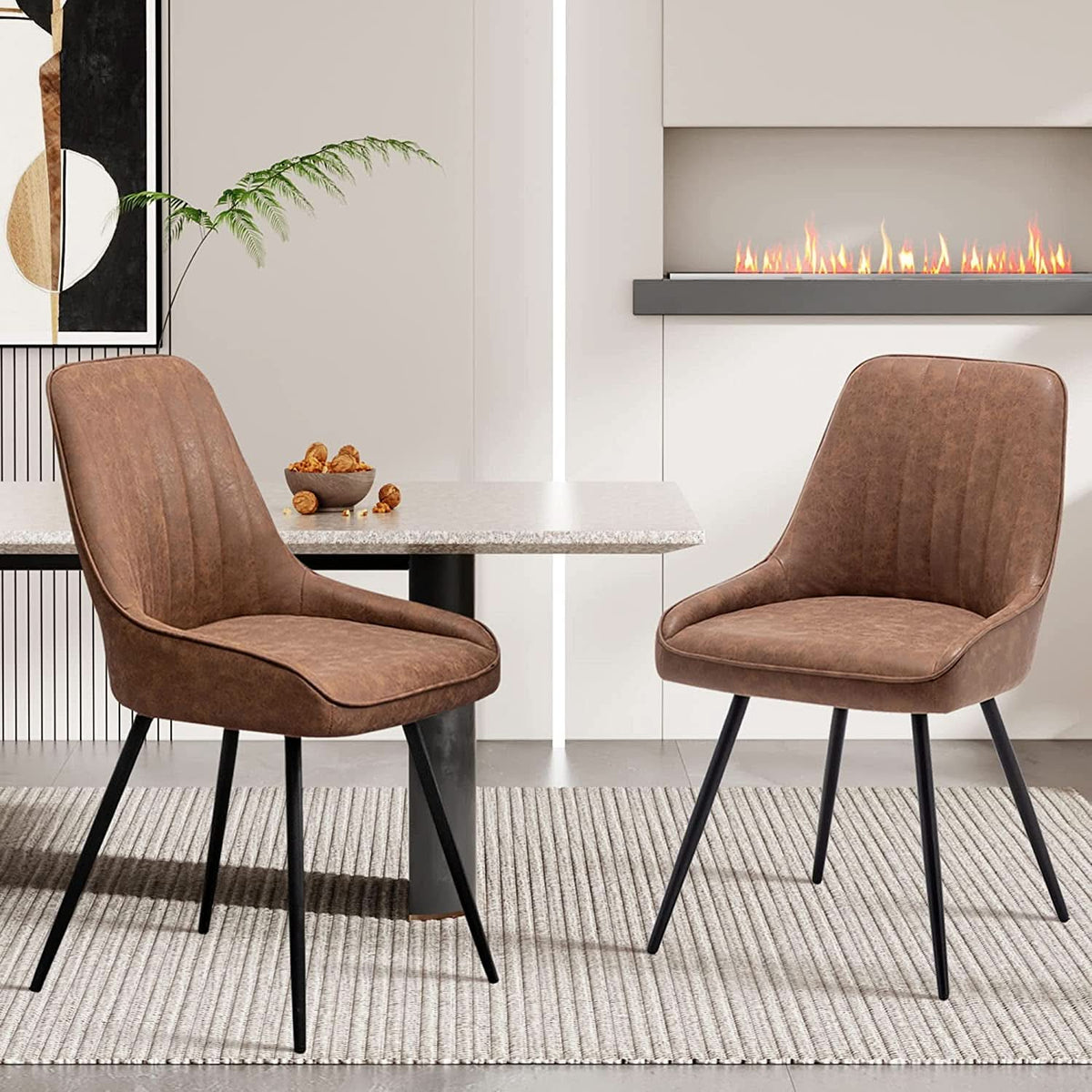 Two Brown Faux Leather Mid Century Modern Dining Chairs