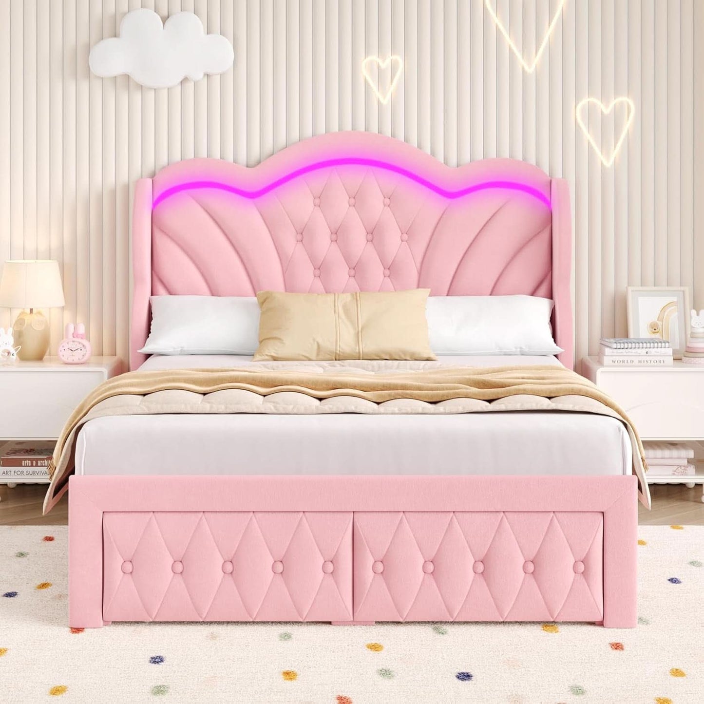 Pink Velvet Upholstered Platform Bed Frame With LEDs