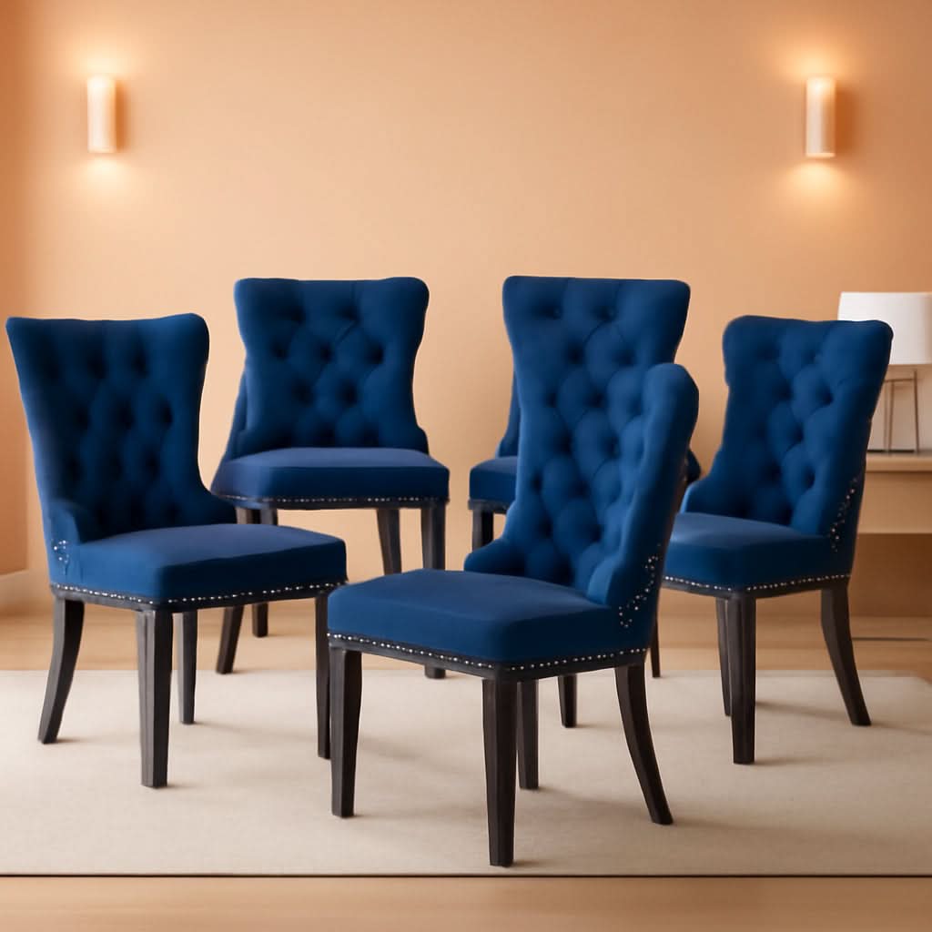 Blue Velvet Upholstered Dining Chairs Set Of 6 Studded