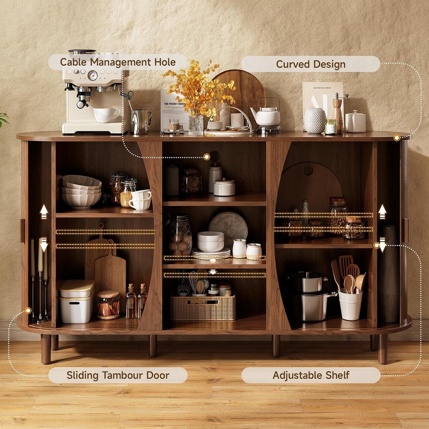 Walnut 59 Inches Curved Contemporary Buffet Cabinet
