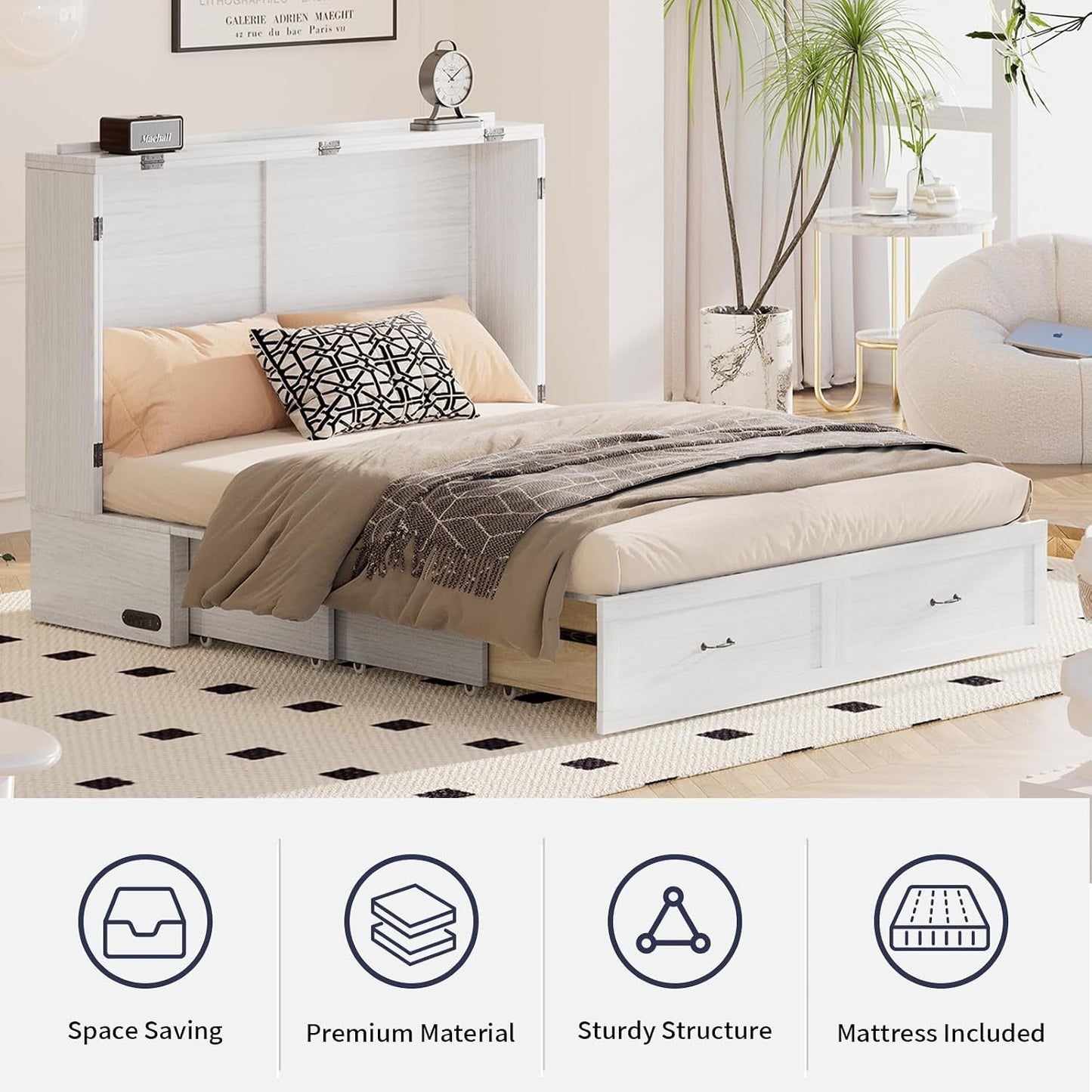 White Queen Murphy Cabinet Bed With Storage Drawers-3