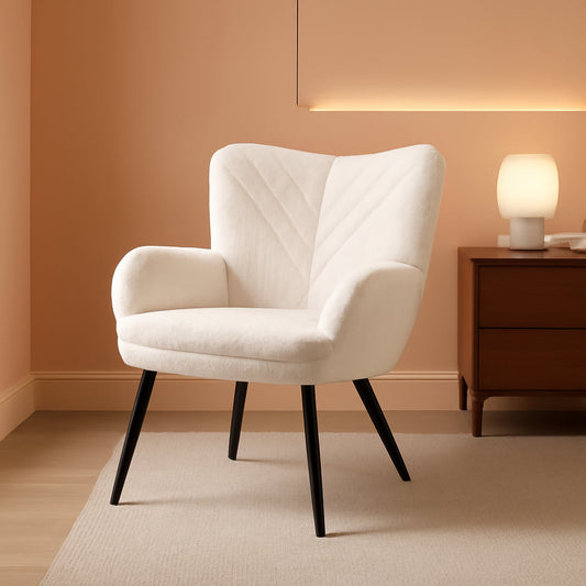 Beige Sherpa Upholstered Accent Chair Curved Backrest