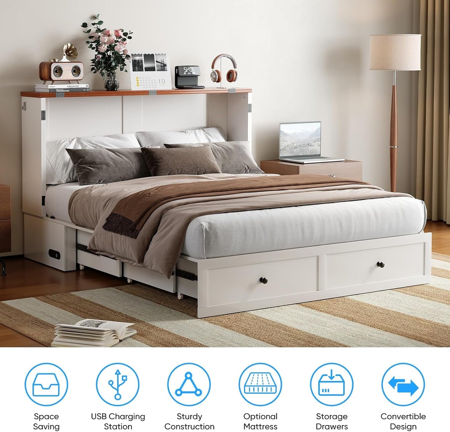 White Queen Murphy Versatile Cabinet Bed With Mattress