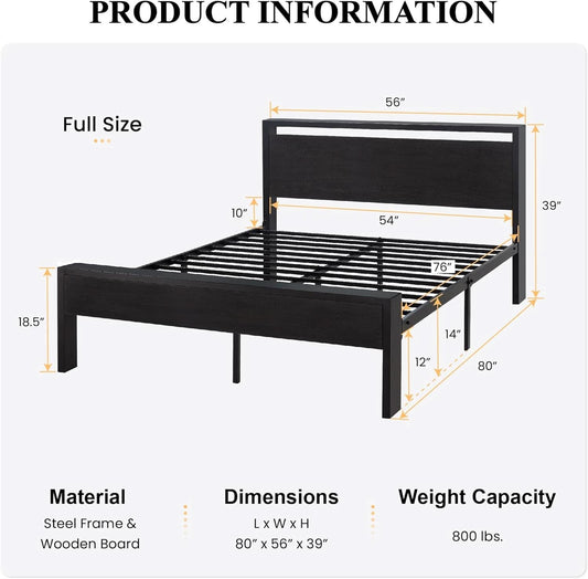 Sturdy Metal Platform Bed Frame With Wooden Headboard 800Lb