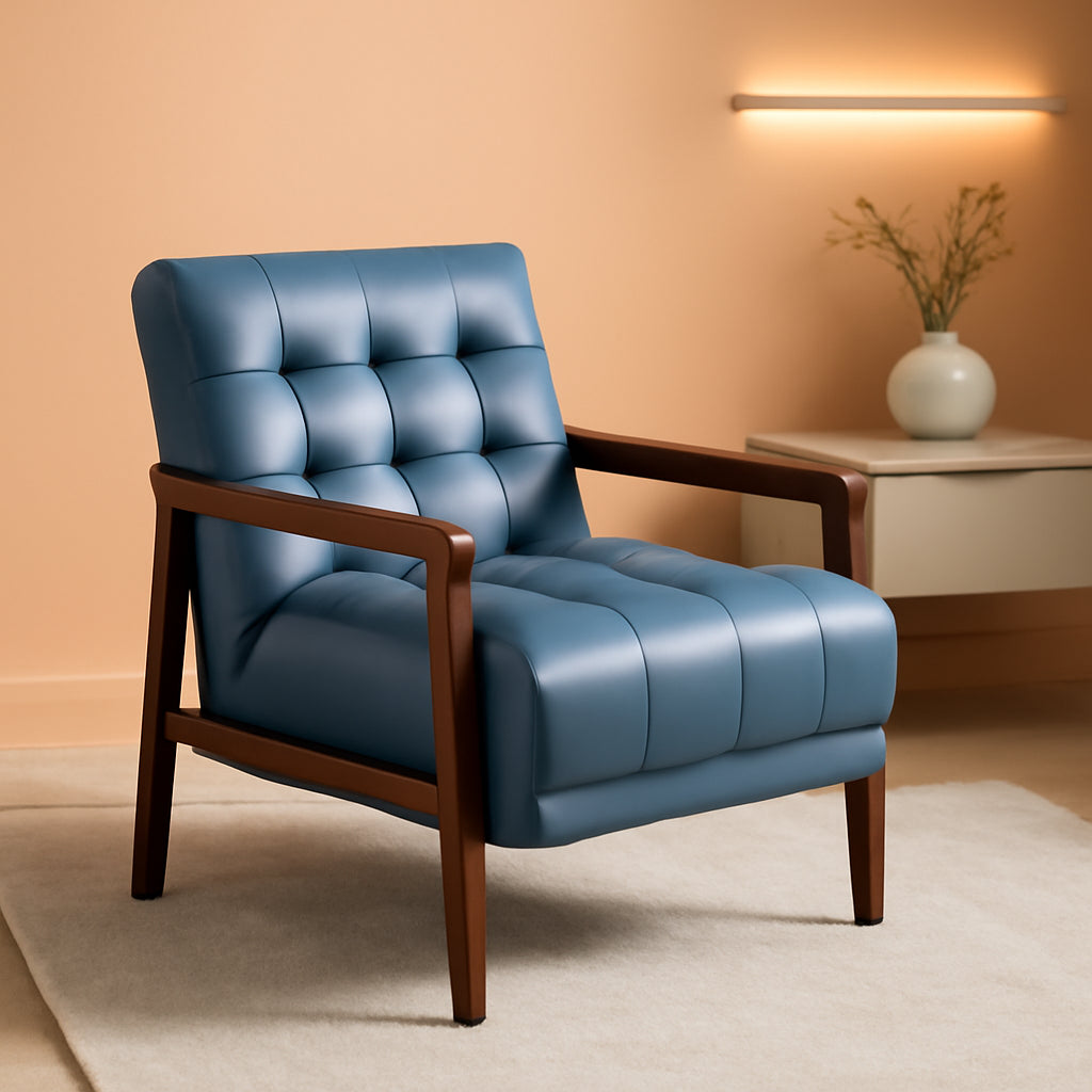 Blue Premium Genuine Leather Tufted Upholstered Chair