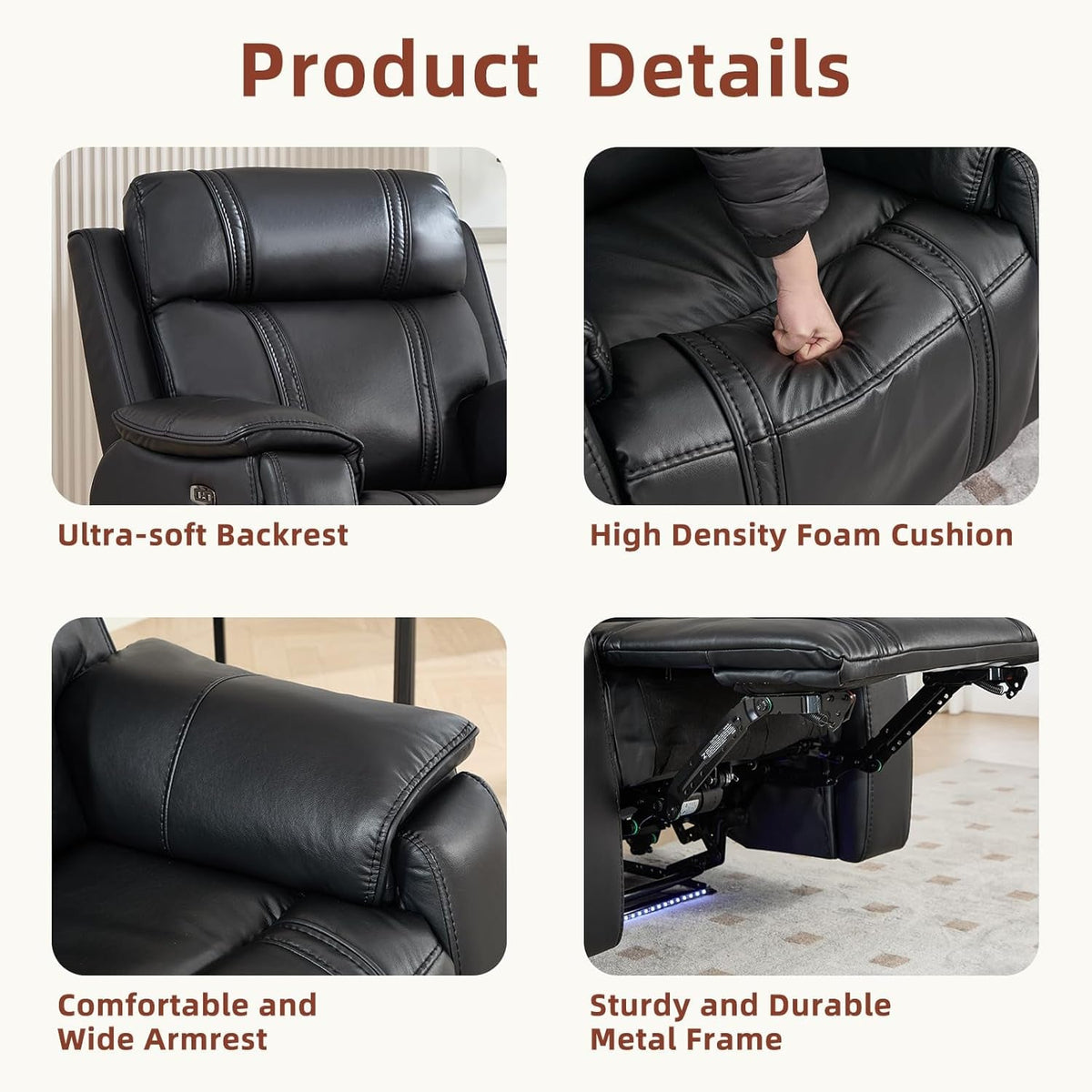 Black Leather Ambient Lighting Power Recliner Sofa