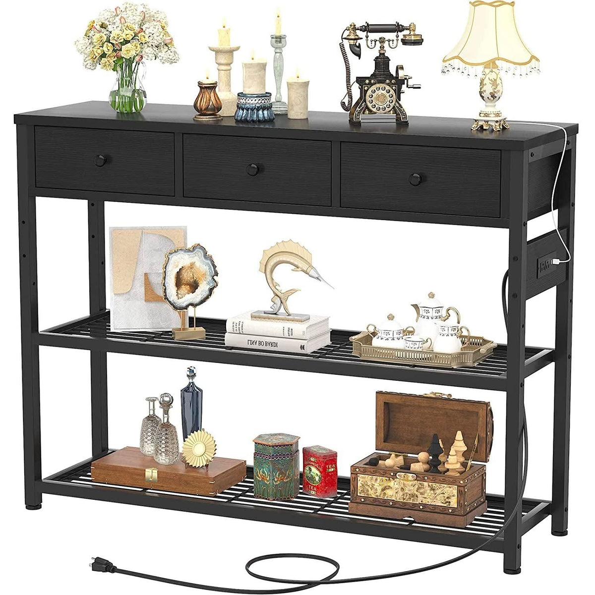 Black Console Table With USB Ports And Outlets For Living Room-1