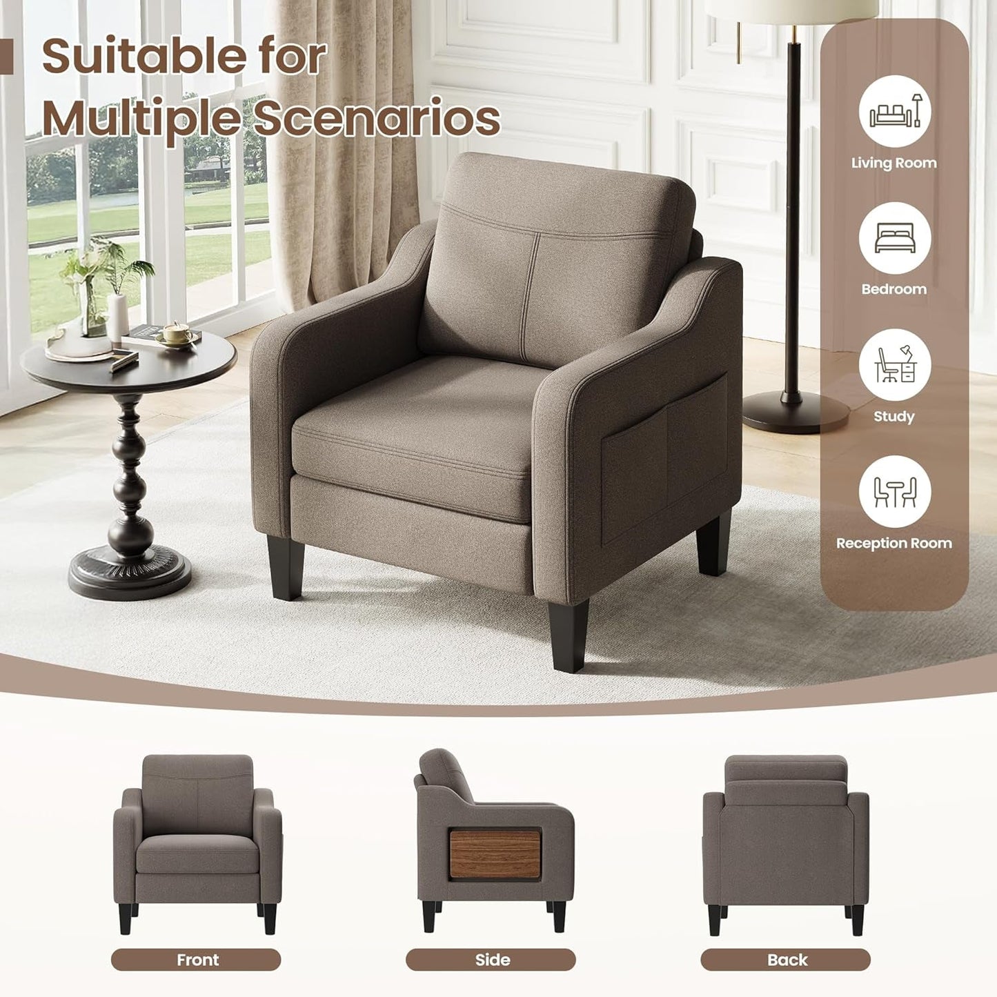 Linen Upholstered Accent Chair With Foldable Table