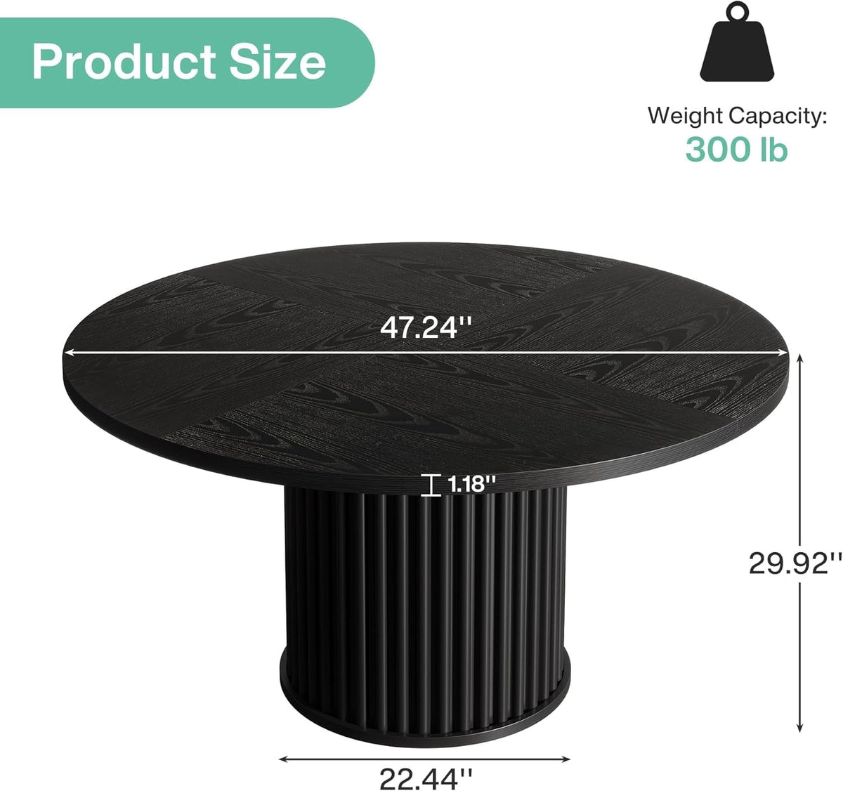 47.24-Inch Black Circular Dining Table Fluted Base