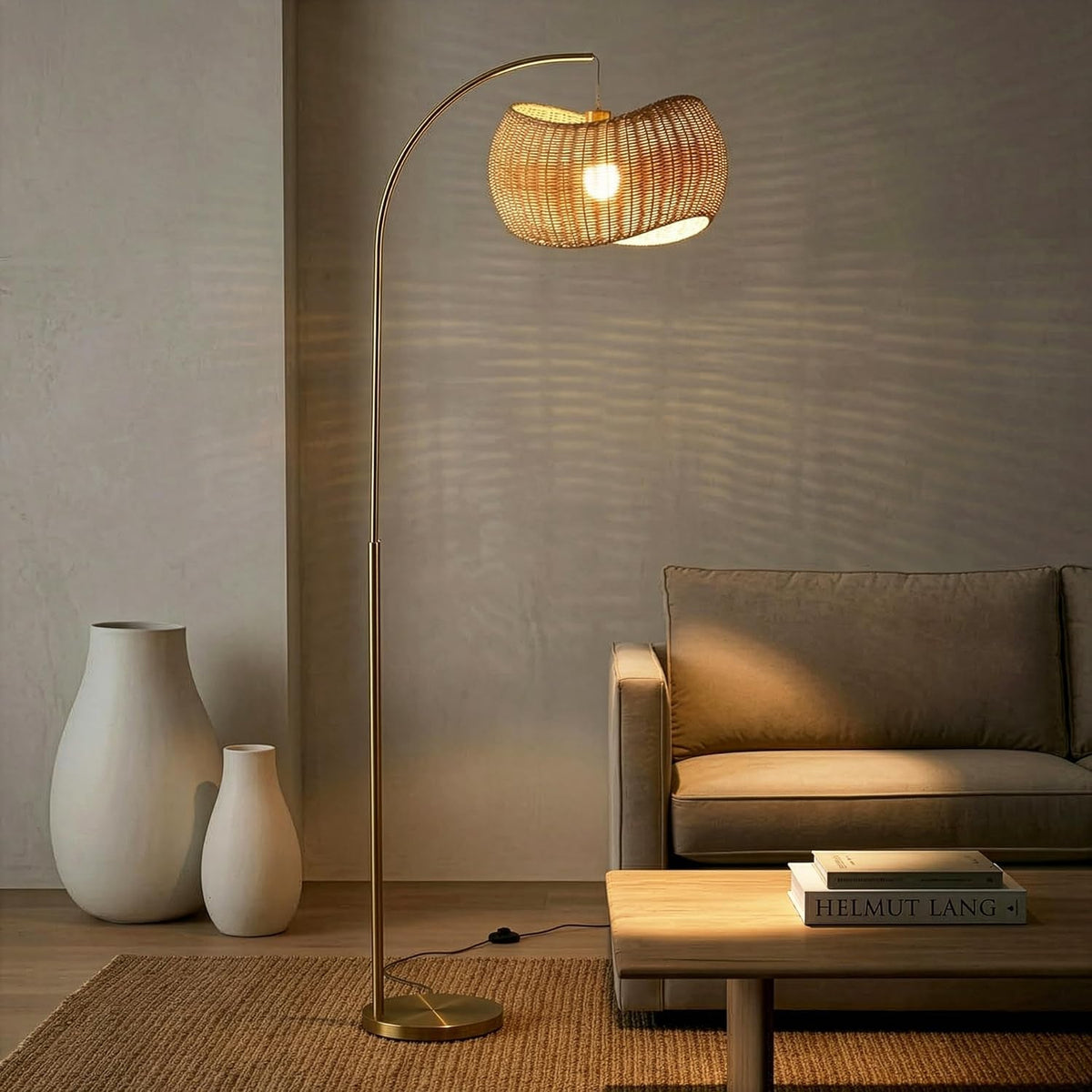 Brass Wave Arc Floor Lamp Handwoven Wicker Shade Aura