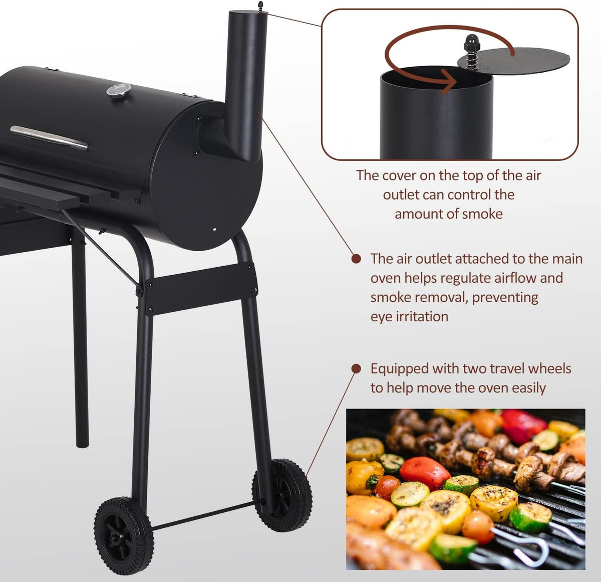 Charcoal Barbecue Grill Offset Smoker Black Wheels