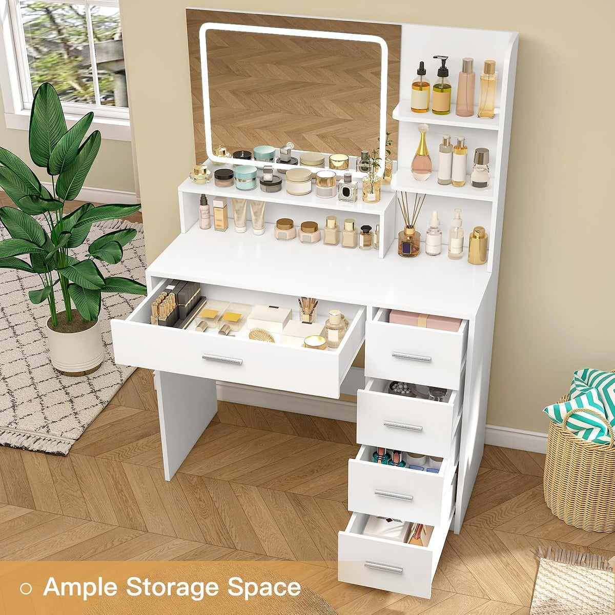 Makeup Vanity Desk With Illuminated Mirror Storage
