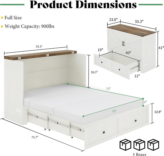 Full Murphy Bed Cabinet Distressed White Storage Solution-1