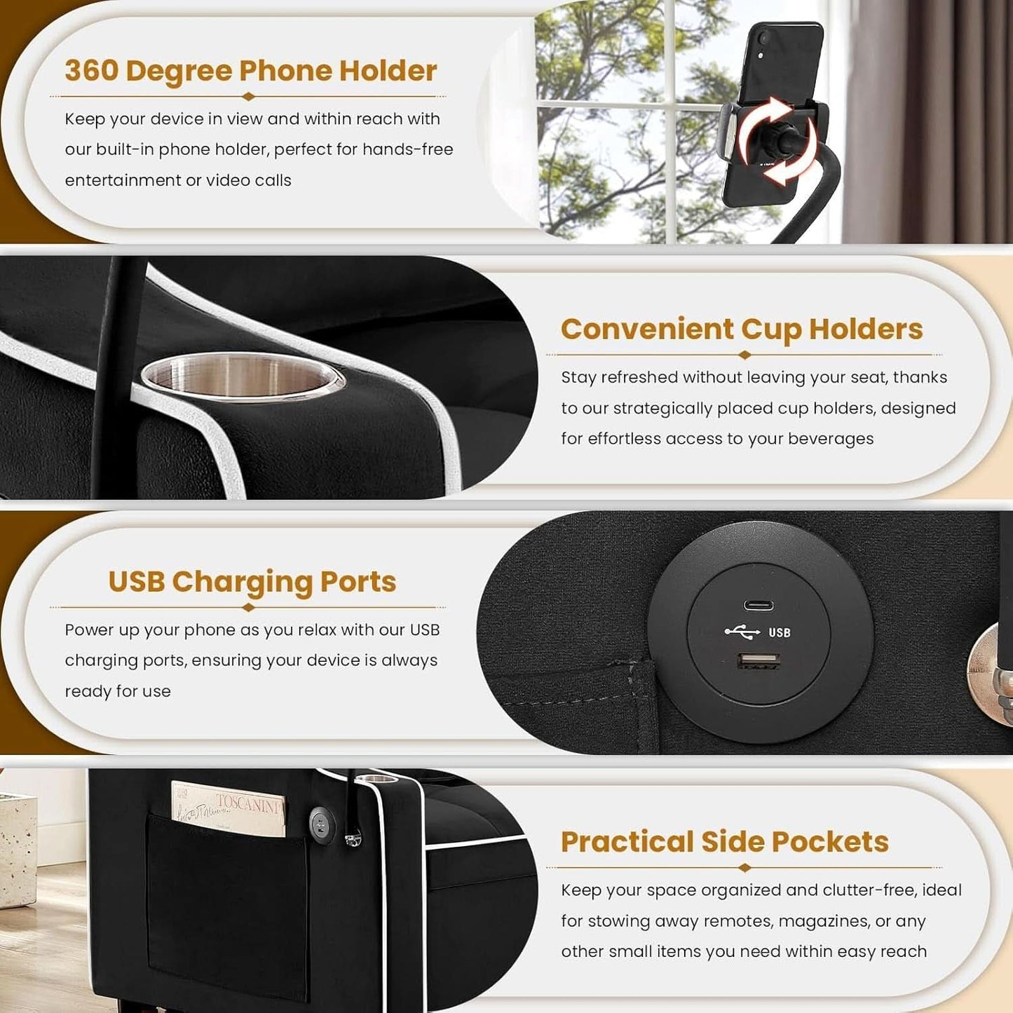 Black Velvet Luxe Sleeper Sofa Bed USB Charging Port