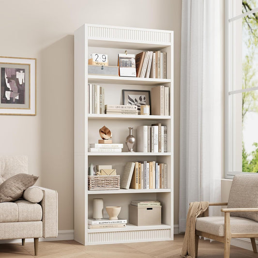 White Five Tiered Farmhouse Bookcase Double Fluted