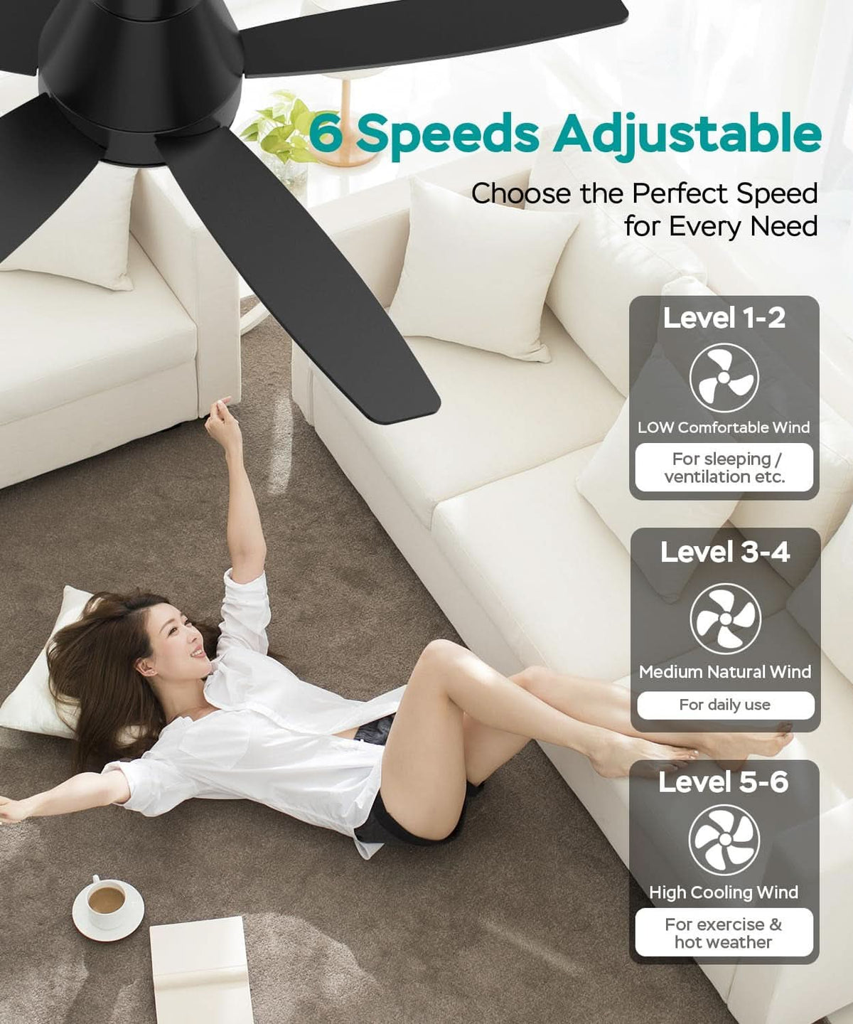 42Inch Ceiling Fan With Lights SteplessDimmable Black