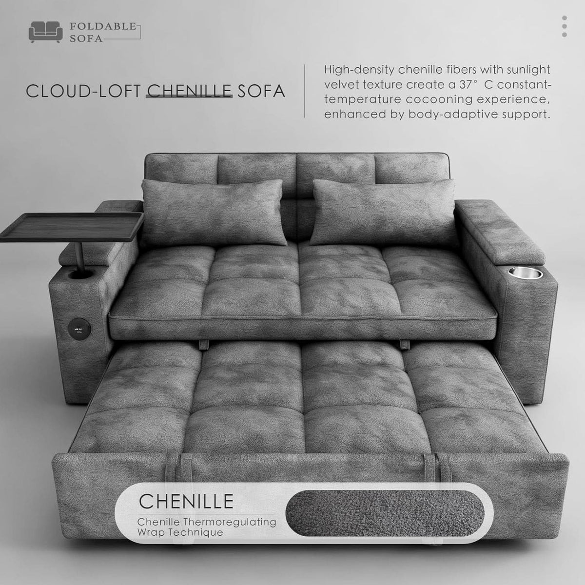 65Inch Grey Chenille Convertible Sleeper Sofa Table