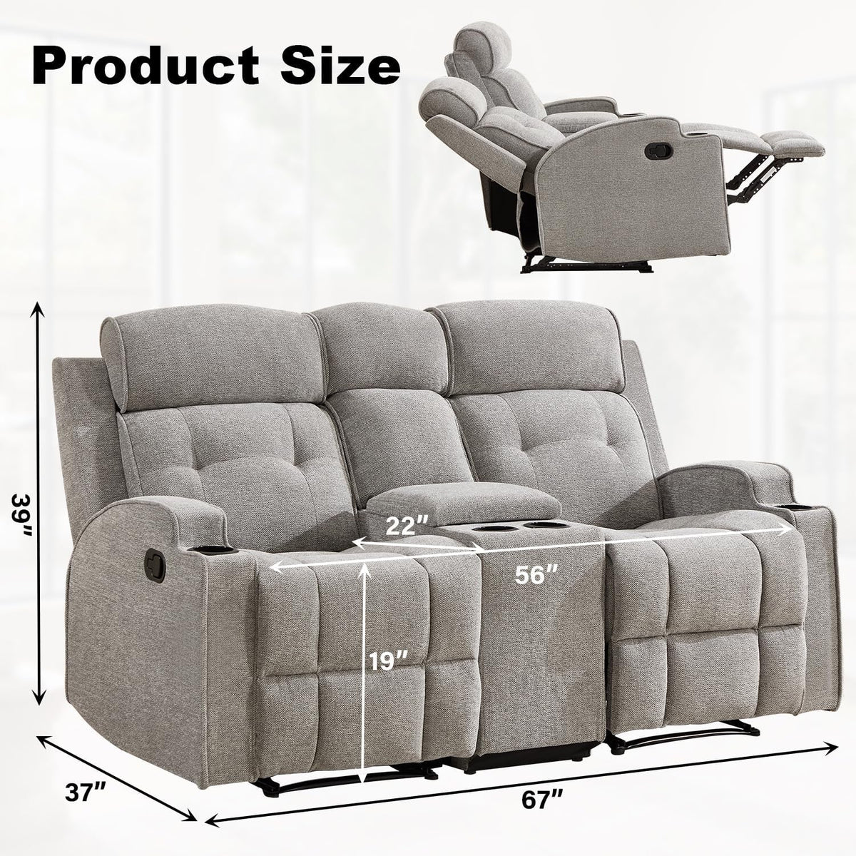 67 Inch Manual Loveseat Recliner Sofa With Cupholders