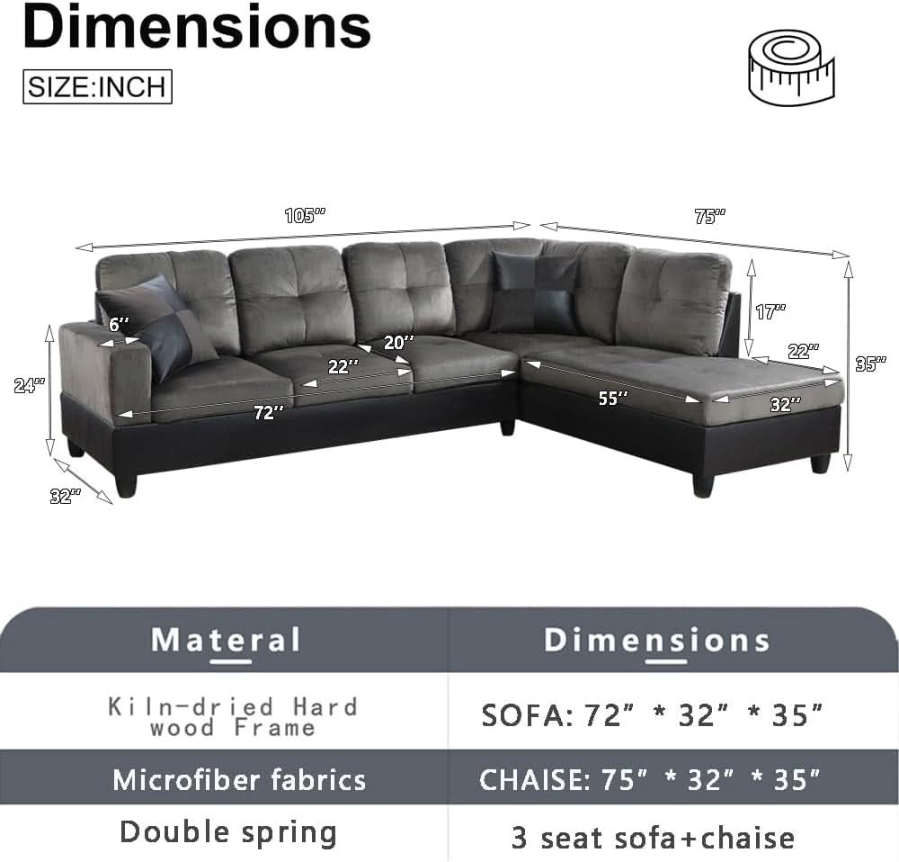 Two Piece L Shape Sectional Sofa Set With Chaise In Taupe Microfiber Right Hand Facing Living Room Furniture-1