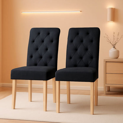 Tufted Upholstered Dining Chair Pair With Solid Wood Legs Black