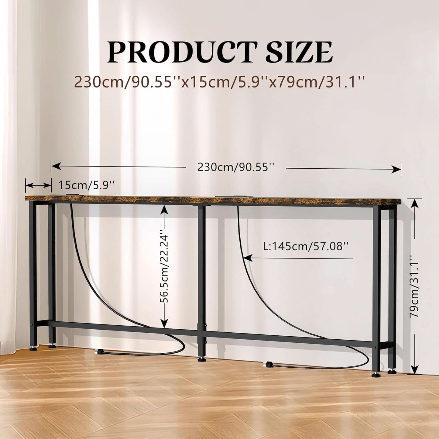 Ninety Inch RusticBrown Sofa Table With Power Strip
