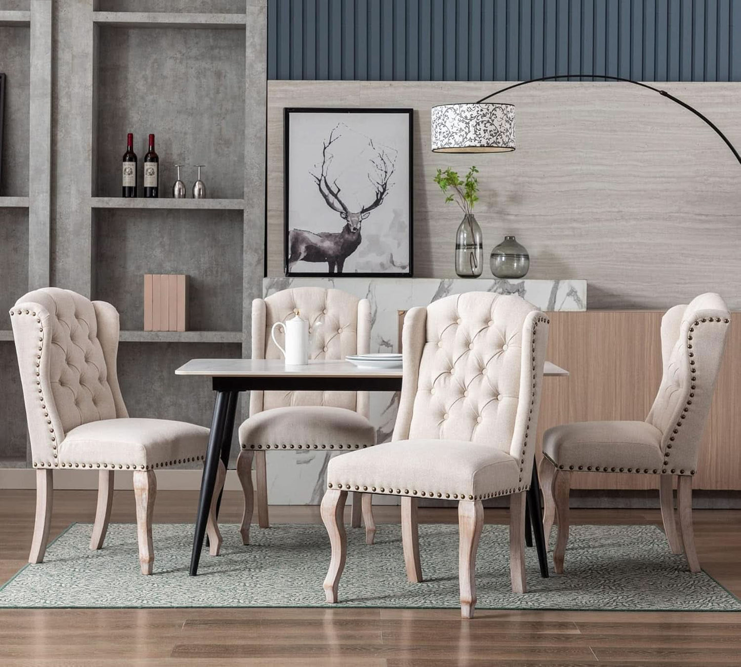 Cream Upholstered Dining Chairs With Diamond Tufted