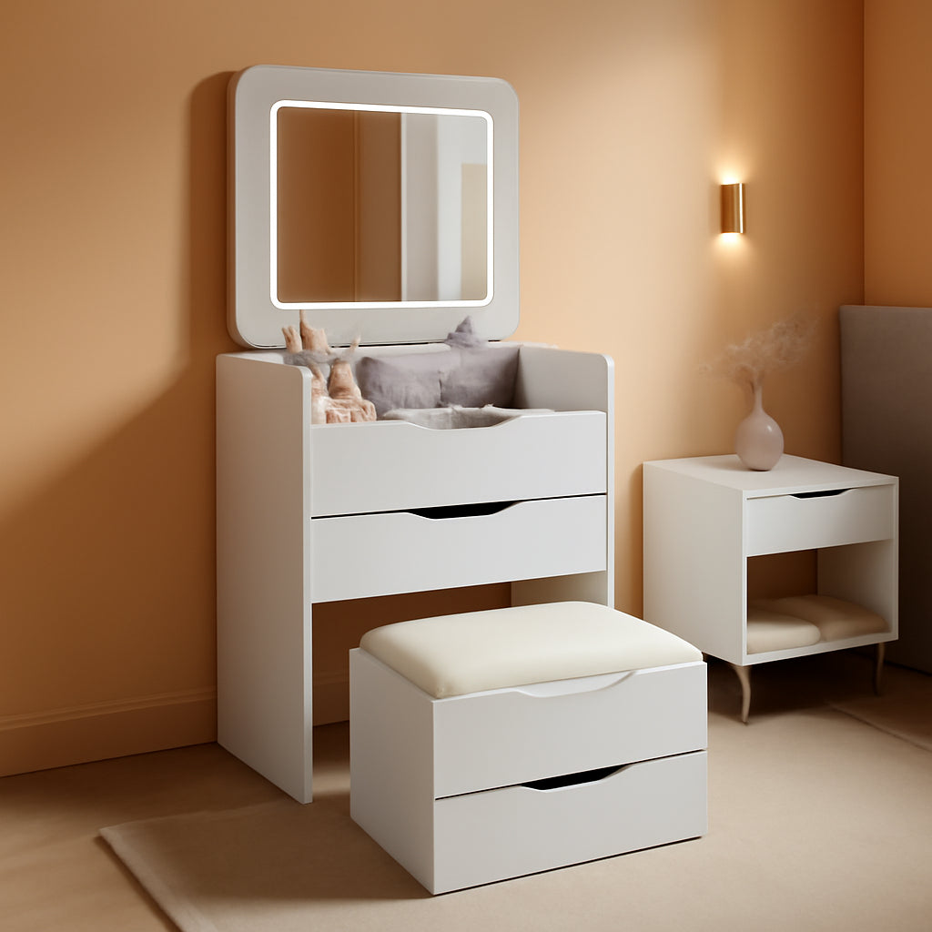 White Compact Vanity Desk Featuring Illuminated Lights