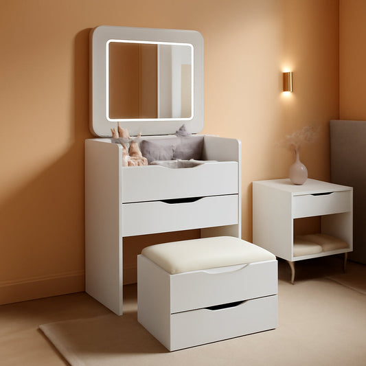 White Compact Vanity Desk Featuring Illuminated Lights