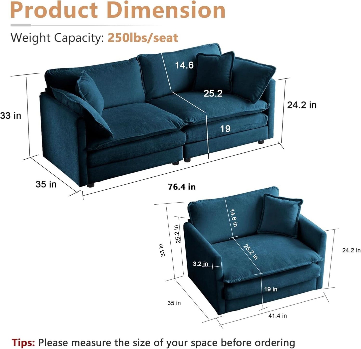 Blue Chenille Upholstered 2 Piece Loveseat And Armchair Set