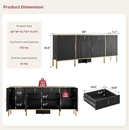 60Inch Black Fluted Buffet Cabinet Featuring Storage