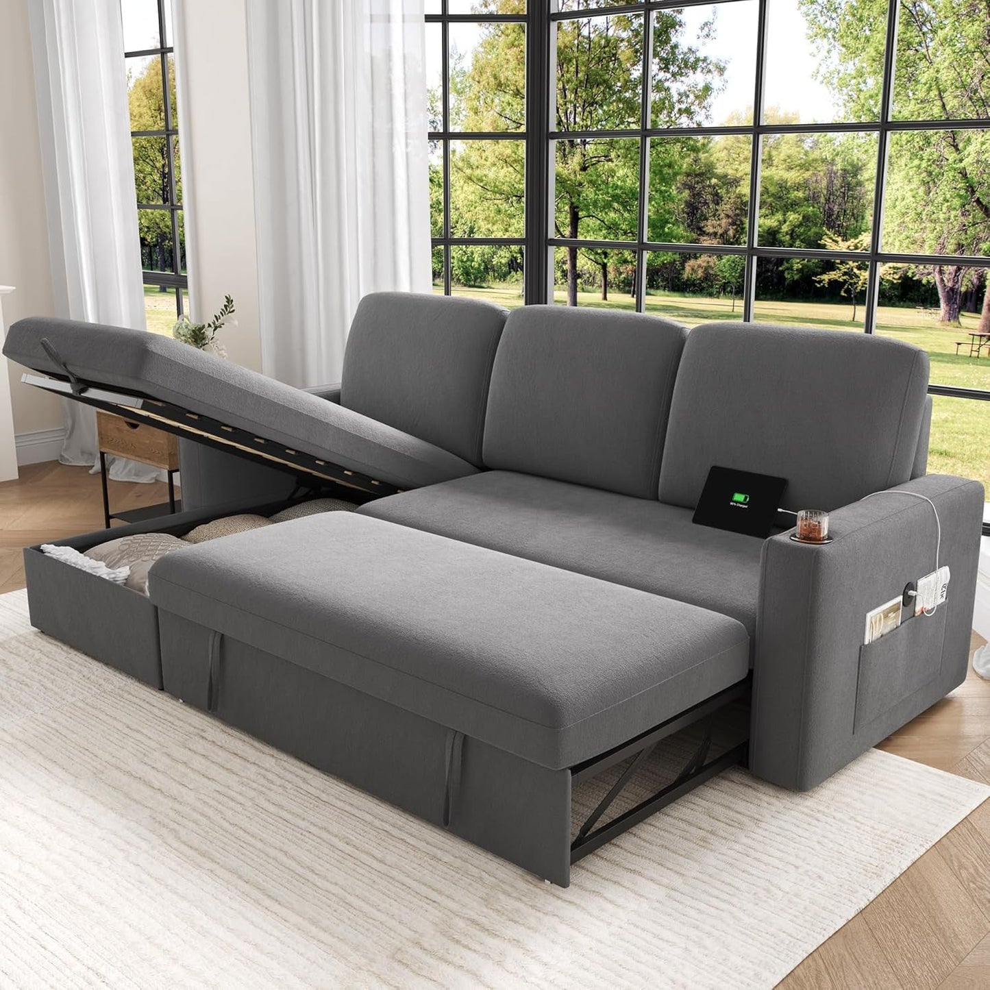 87 Inch Multi Functional Velvet Sleeper Sofa With Storage