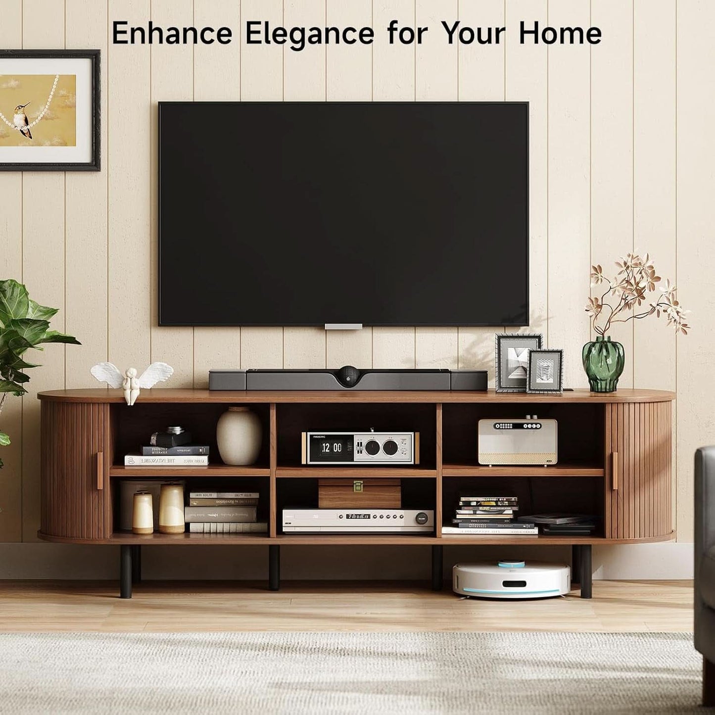 Walnut Seventy Inches TV Stand Sliding Doors Entertainment Center