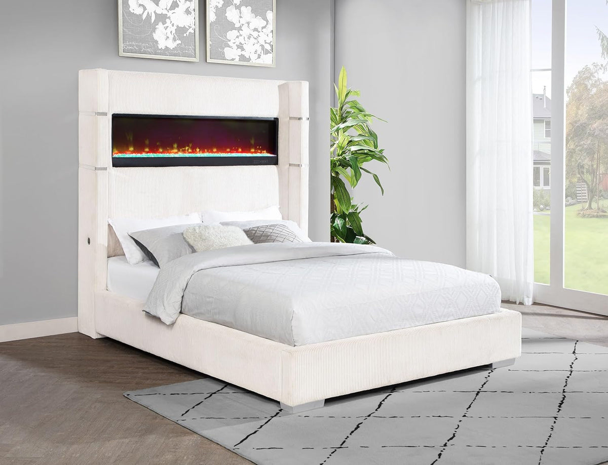 Queen Bed Cream Upholstered High Headboard Textured