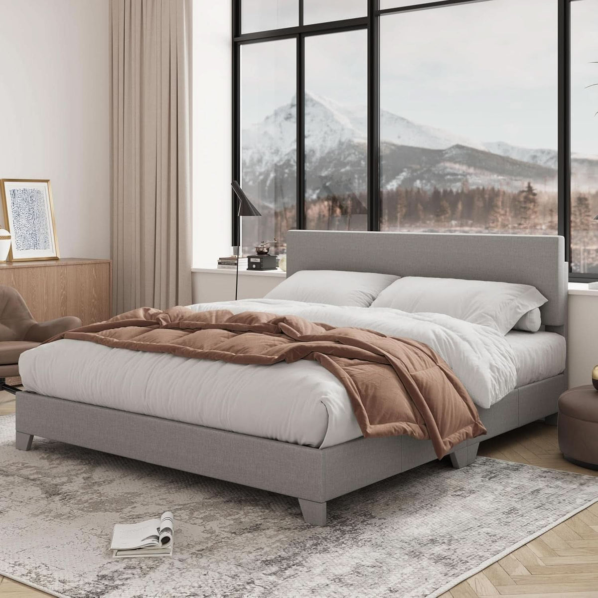 Queen Size Upholstered Headboard Platform Bed Slats