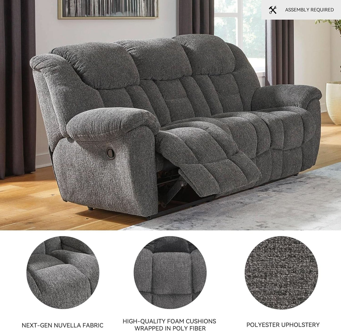 Gray Manual Reclining Sofa Stain Resistant Upholstery