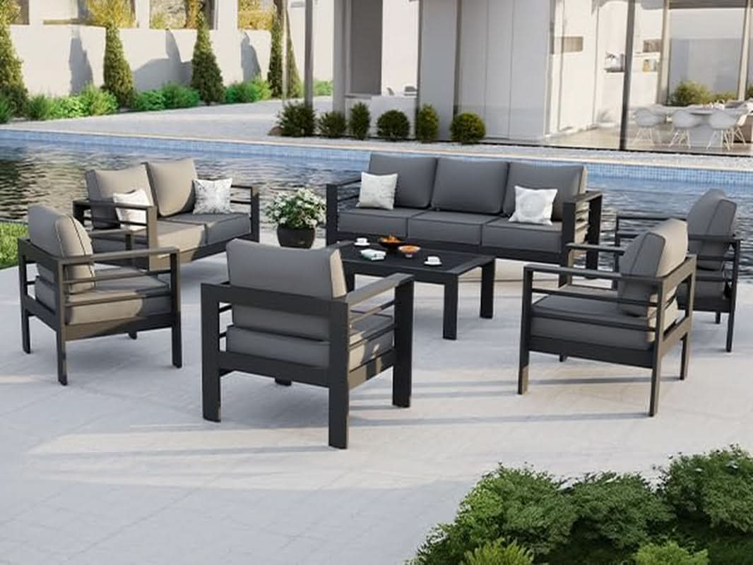 Aluminum Patio Set 7 Piece With Waterproof Covers Grey