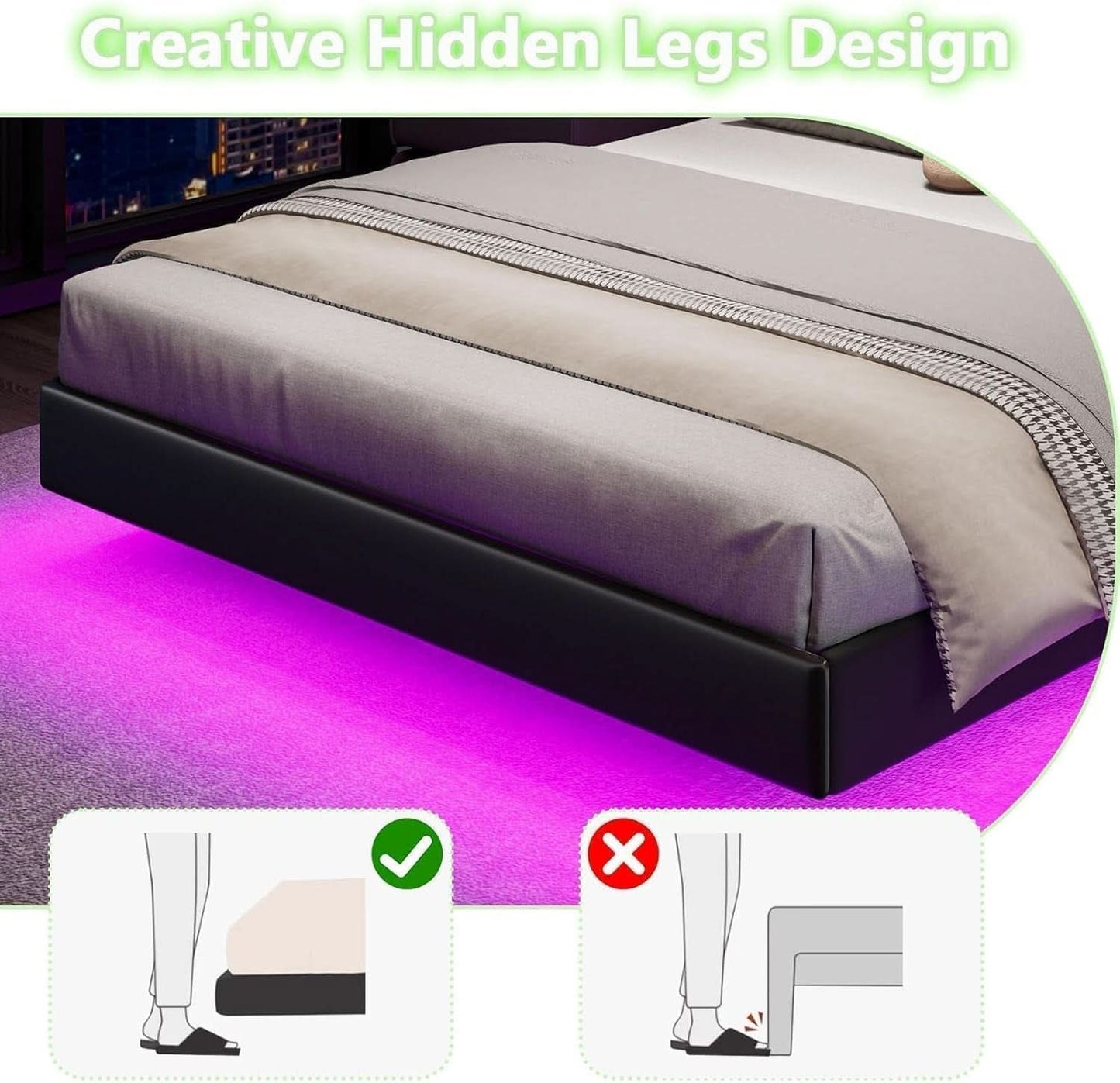 Floating Full Bed Frame with LED Lights and Head board, Black