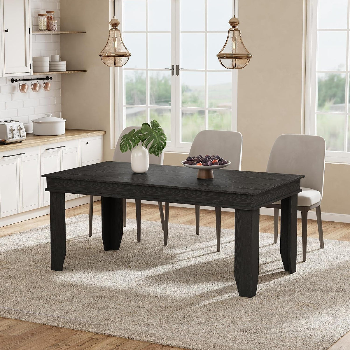 Dining Table Black Farmhouse Rectangular Seats Six-3