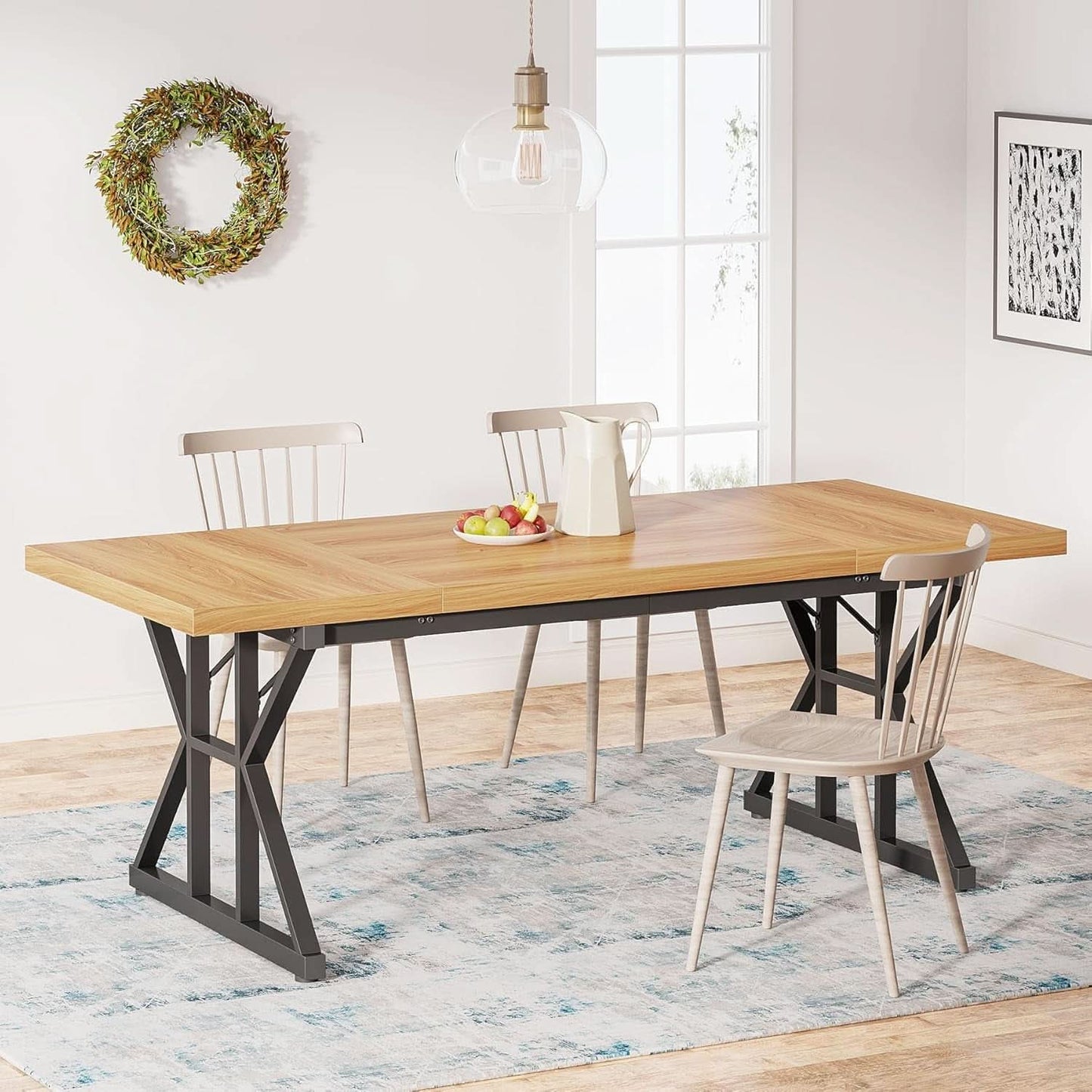 Farmhouse Dining Table 70.8 Inch Wood With Metal Legs