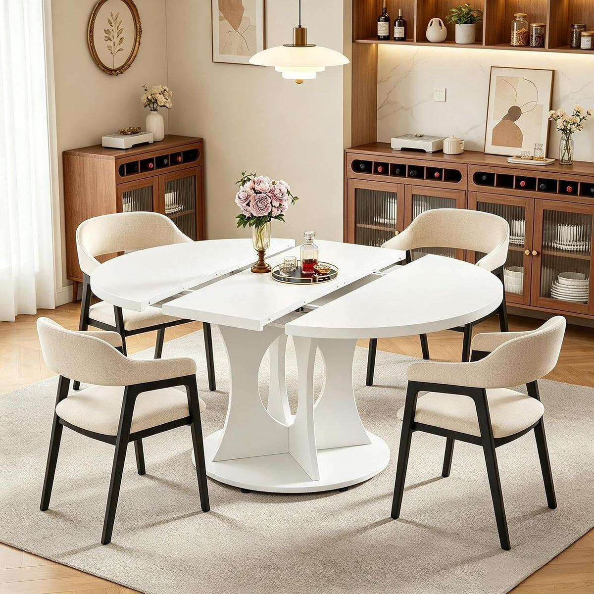 White Round Extendable Dining Table Pedestal Storage