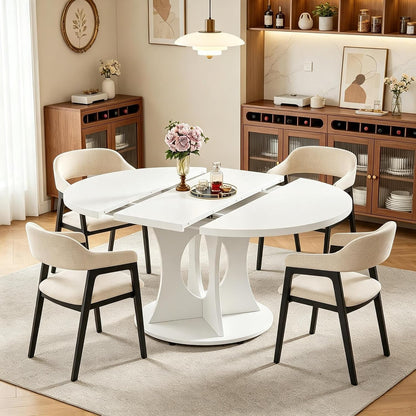 White Round Extendable Dining Table Pedestal Storage